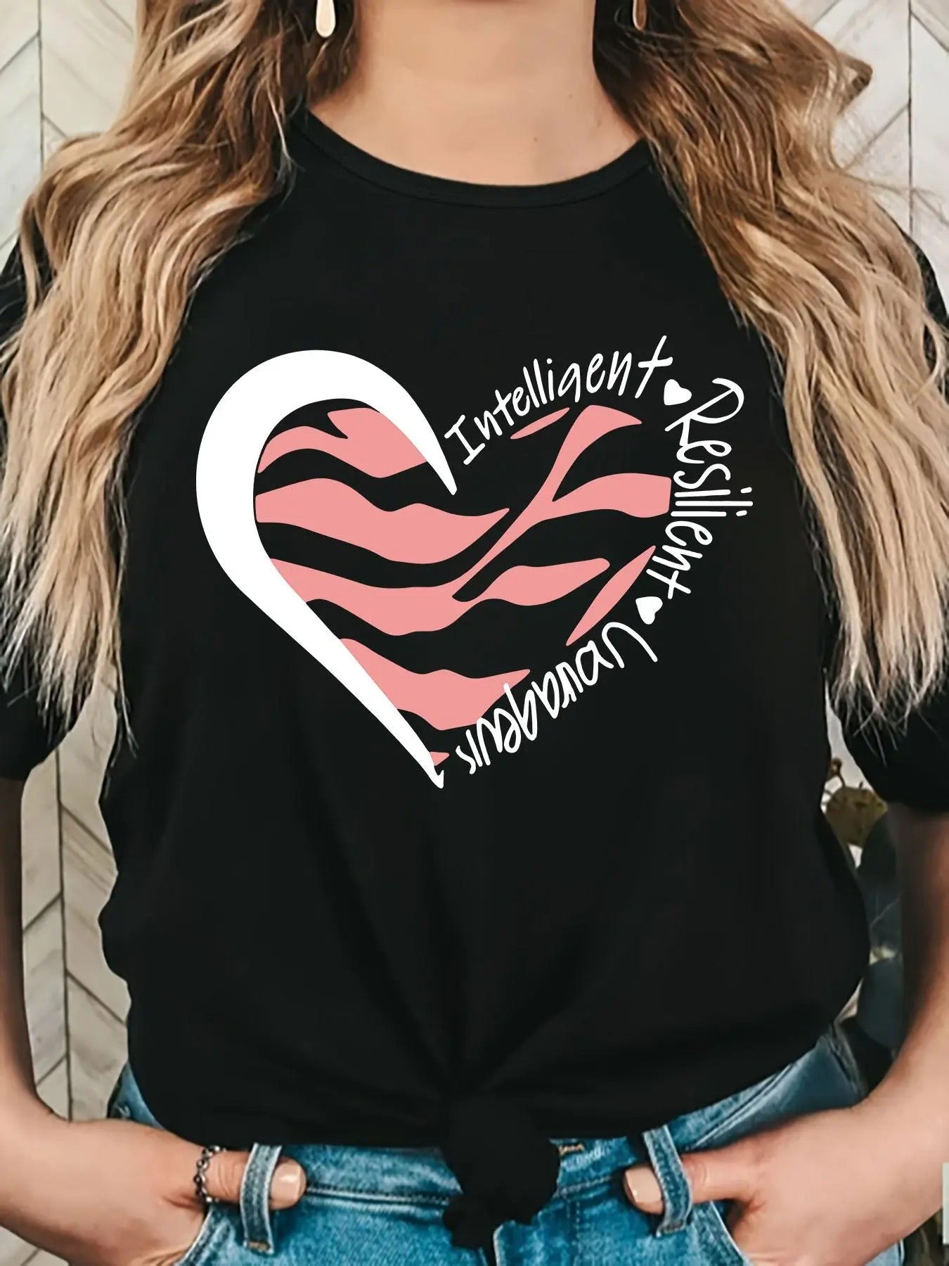 Women'WB shield Zebra Stripe & Heart Print Round Neck Tee, Fashion Casual Letter Print Crew Neck T-Shirt for Daily...
