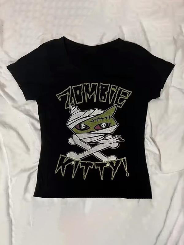 Women'WB shield Zombie Cat Graphic Print Round Neck Tee, Fashion Casual Short Sleeve T-shirt, Ladies Summer TNF for Daily...