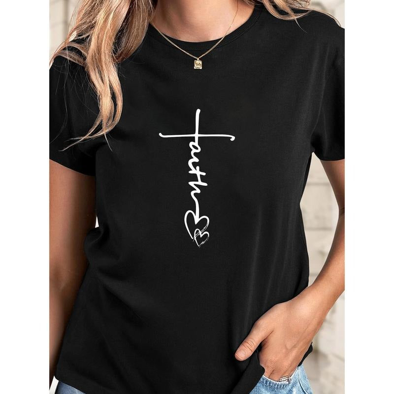 Women'WB shield short Sleeve Faith Print Crew Neck T-Shirt - Casual Regular Knit Top - Suitable for Women - Perfect for...
