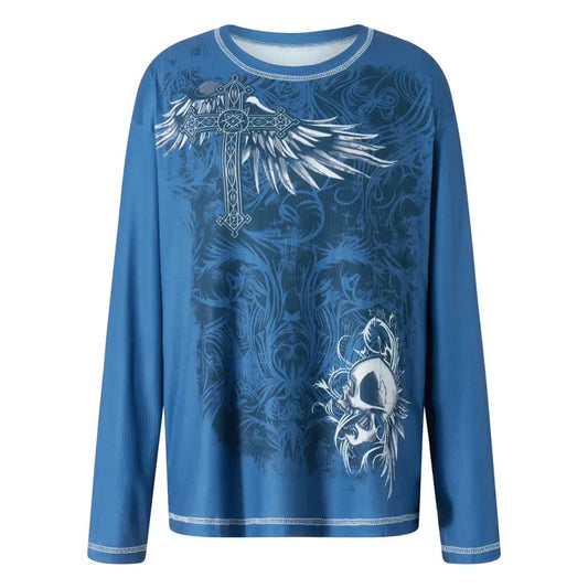 Women Y2k Goth Shirt 90s E-girl Vintage Fairy Grunge Aesthetic T-sHIRT Long Sleeve Round Neck Oversized Shirt Casual Loose Teens Shirt Party Streetwear
