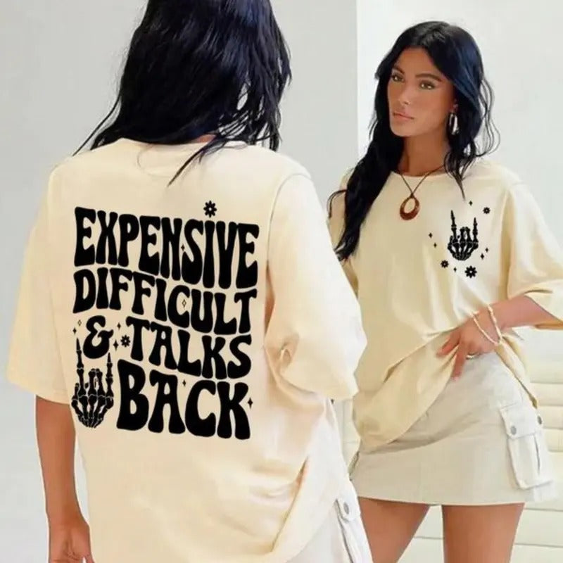Women's " Expensive Difficult and Talks Back" Slogan Print Skeleton Hand Graphic Round Neck Tee, Back To School Outfits, Casual Half Sleeve Crew Neck T-shirt for Daily Wear, Ladies Clothes for All Seasons, Fall Clothes