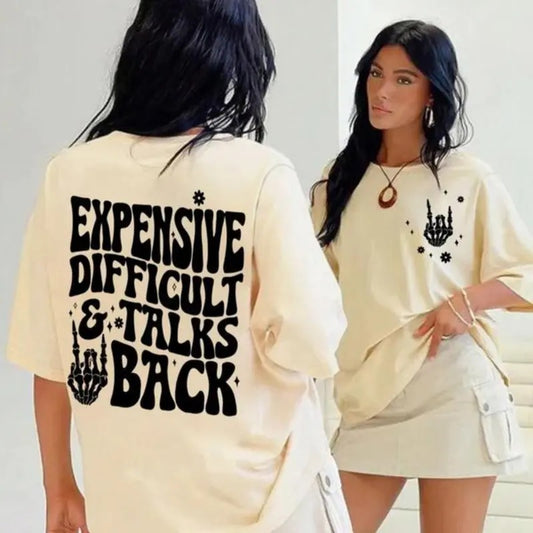 Women's " Expensive Difficult and Talks Back" Slogan Print Skeleton Hand Graphic Round Neck Tee, Back To School Outfits, Casual Half Sleeve Crew Neck T-shirt for Daily Wear, Ladies Clothes for All Seasons, Fall Clothes