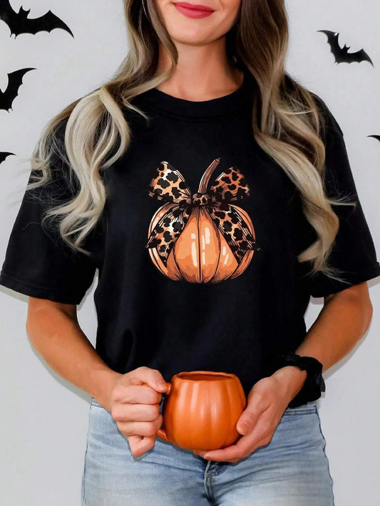 Women's  Graphic Tee, Casual Leopard-print Pumpkin Print Short Sleeve T-shirt for Summer, Women's Top for Daily Wear