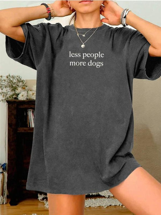 Women's "LESS PEOPLE MORE DOGS" Slogan Print Round Neck Tee, Vintage Trendy Casual Short Sleeve T-shirt for Daily Wear, Ladies Summer, Top