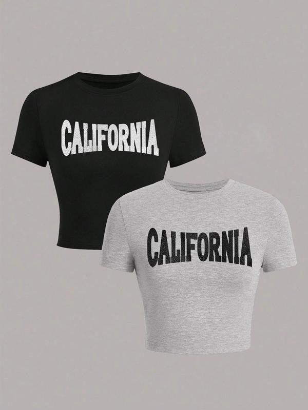Women's  Letter Print Short Sleeve Round Neck Crop Tee, Casual Streetwear T-shirt for Daily Wear, Ladies Clothes for All...
