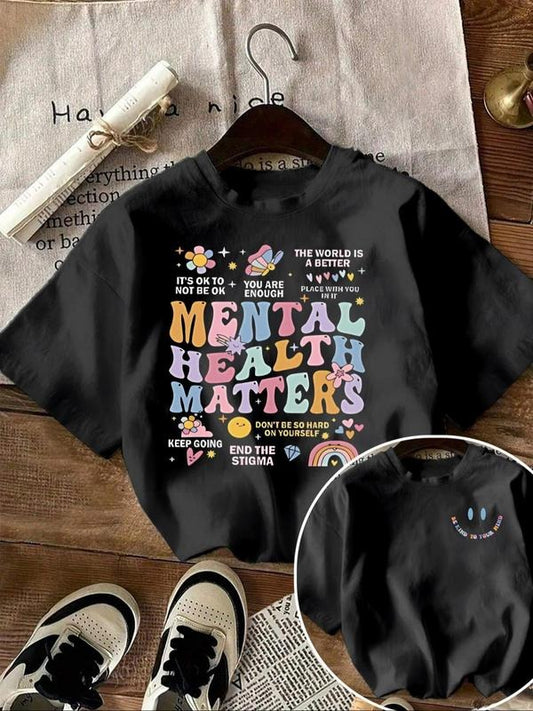 Women's "Mental Health Matters" Print Round Neck Graphic Tee, Vintage Trendy Casual Short Sleeve T-shirt for Daily Wear, Ladies Summer Outfit, Top