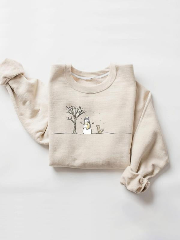 Women's  Snowman Print Drop Shoulder Thermal Lined   Sweatshirt, Casual Long Sleeve Round Neck Pullover for Fall &...