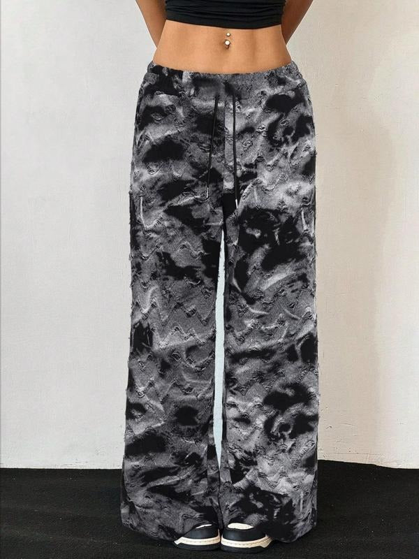 Women's All Over Print Ripped Wide Leg Sweatpants, Casual Comfy Elastic Waist Trousers for Fall & Winter, Women's Bottoms...