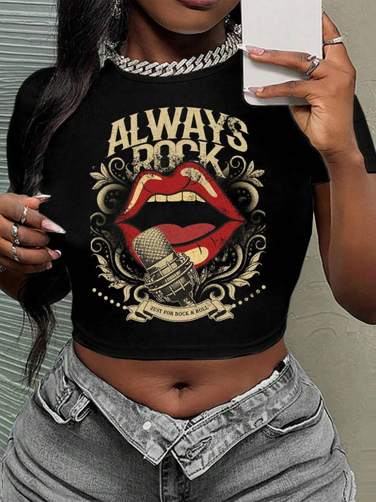 Women's Always Rock Round Neck Graphic Tee, Vintage Trendy Casual Short Sleeve T-shirt for Daily Wear, Ladies Summer Outfit, Top