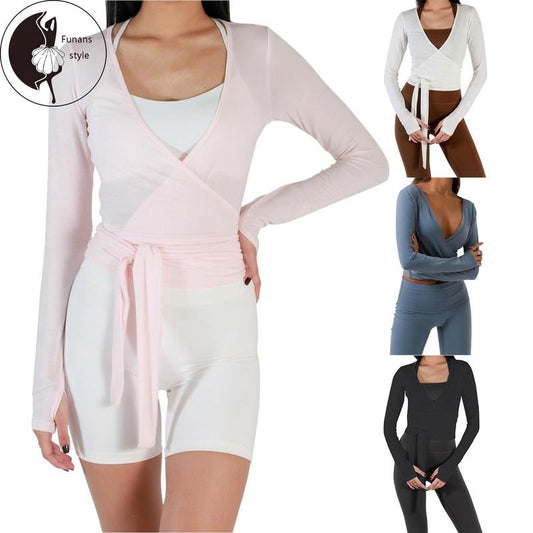 Women's Ballet Wrap Tops Solid Stylish V Neck Long Sleeve Workout T-Shirt for Sports