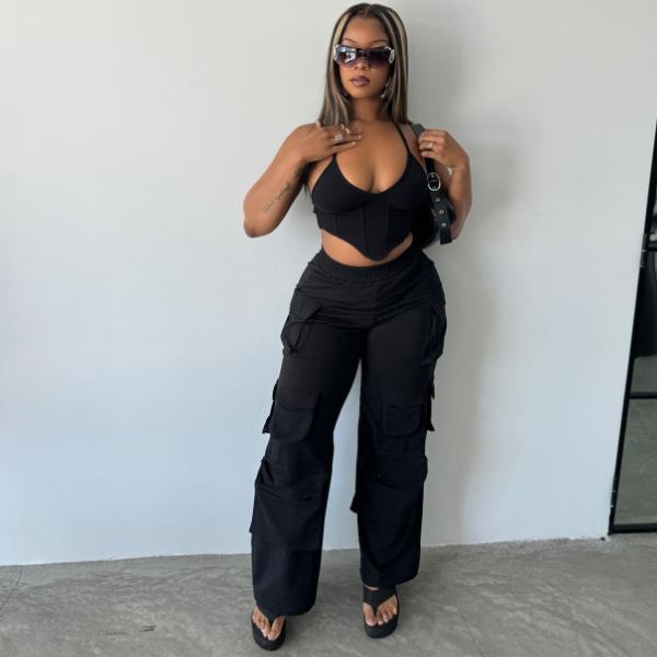 Women's Black Sweat Cargo Multi Pocket Pants, Loose-Fitting Style, Elastic Waist, Casual Outfit, Machine Washable, Mid...