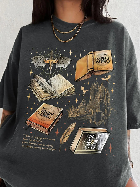 Women's Book & Bat Print Round Neck Graphic Tee, Vintage Trendy Casual Short Sleeve T-shirt for Daily Wear, Ladies Summer Clothes