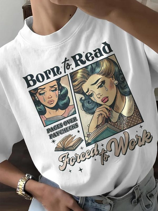 Women's Book & Letter Print Round Neck Graphic Tee, Vintage Trendy Casual Book Graphic Short Sleeve T-shirt for Daily Wear, Ladies Summer Outfit, Top