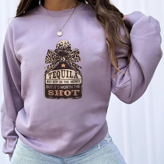 Women's Bow & Tequila Print Drop Shoulder Shirt Sweatshirt Hoodie