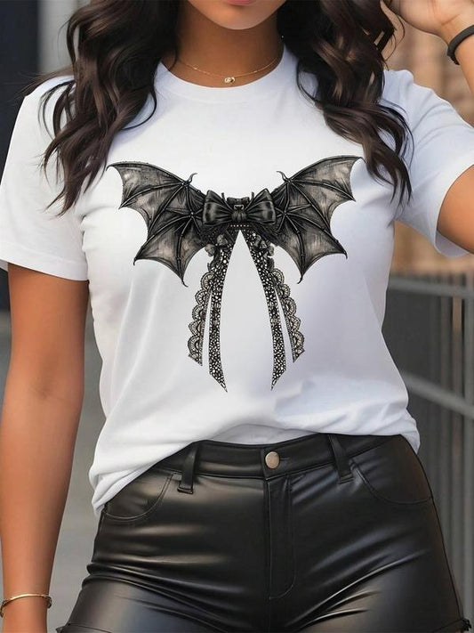 Women's Bow Print Round Neck Tee, Casual Crew Neck Short Sleeve T-Shirt for Daily Wear, Ladies Summer Clothes