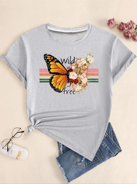 Women's Butterfly & Floral Print Round Neck Tee, Casual Letter Print Short Sleeve T-Shirt for Summer, Ladies Clothes for Daily Wear