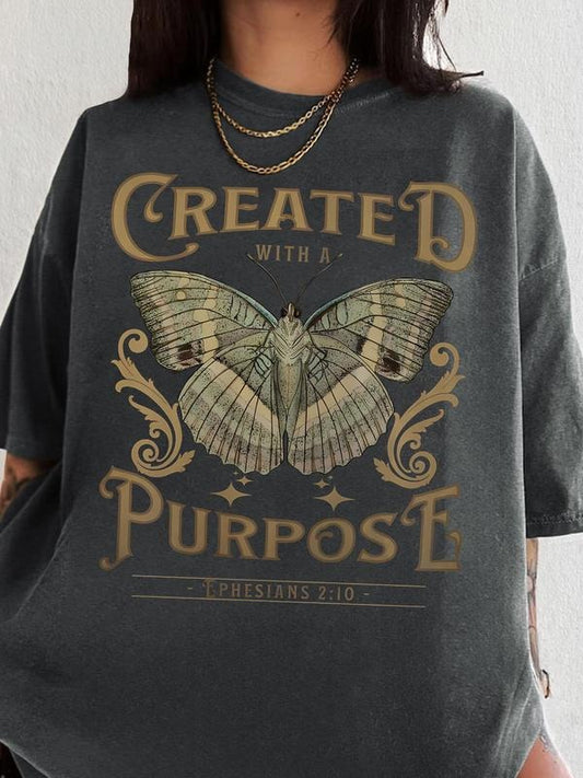 Women's Butterfly & Letter Print Round Neck Graphic Tee, Vintage Trendy Casual Figure Graphic Short Sleeve T-shirt for Daily Wear, Ladies Summer Outfit