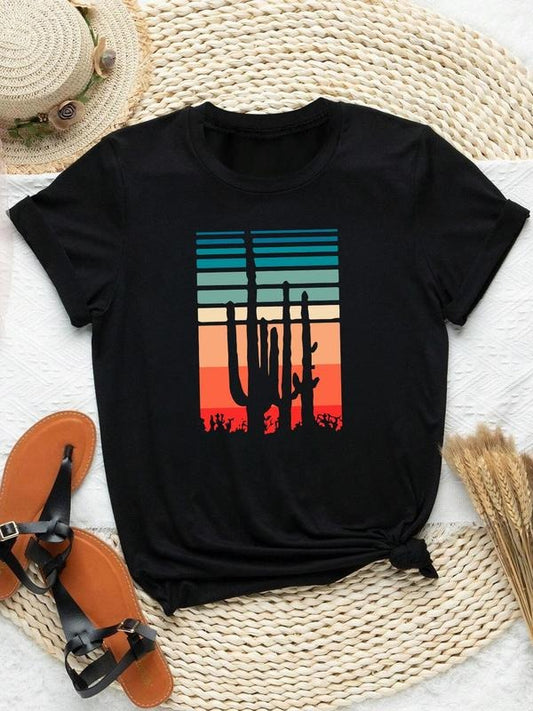 Women's Cactus Print Round Neck Tee, Casual Short Sleeve Crew Neck T-shirt for Daily Wear, Ladies Clothes for All Seasonsstyle{n002}2