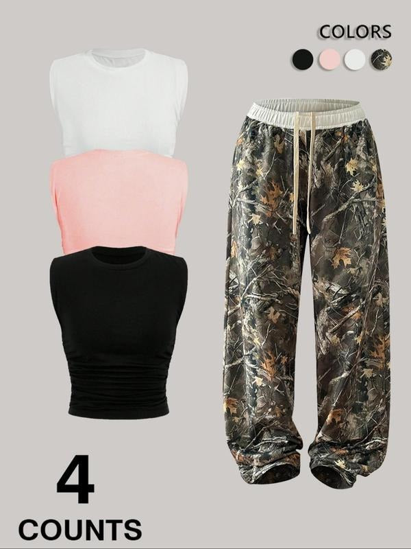 Women's Camo Print Crop Tank Top & Pants Set, Casual Sleeveless Top & Trousers for Summer, Ladies Clothes for Daily Wear,...