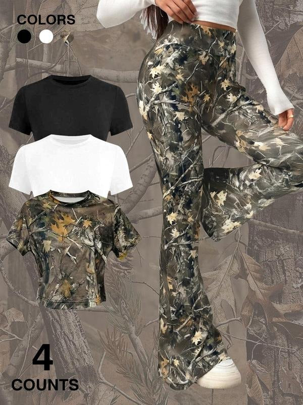 Women's Camo Print Crop Tee & Flare Leg Pants Set, Casual Short Sleeve T-shirt & Bell Bottom Trousers for Daily Wear,...