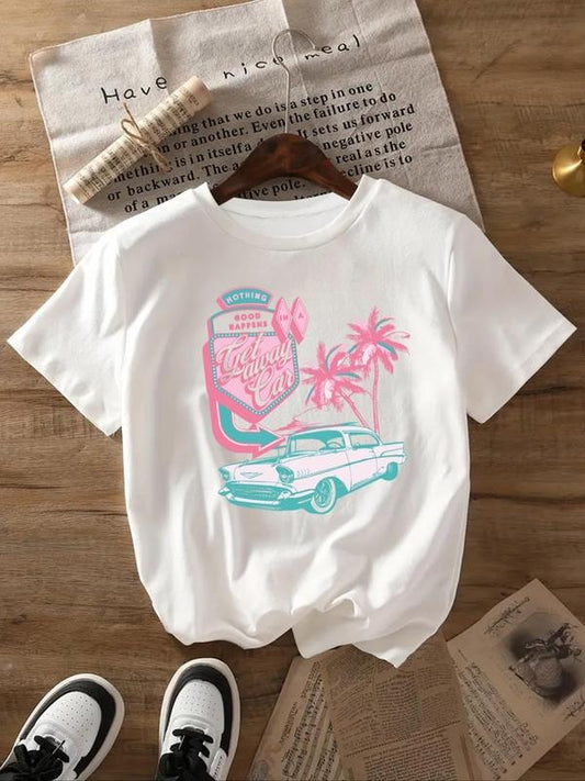 Women's Car & Letter Print Round Neck Tee, Trendy Casual Short Sleeve T-shirt for Daily Wear, Ladies Summer Outfit