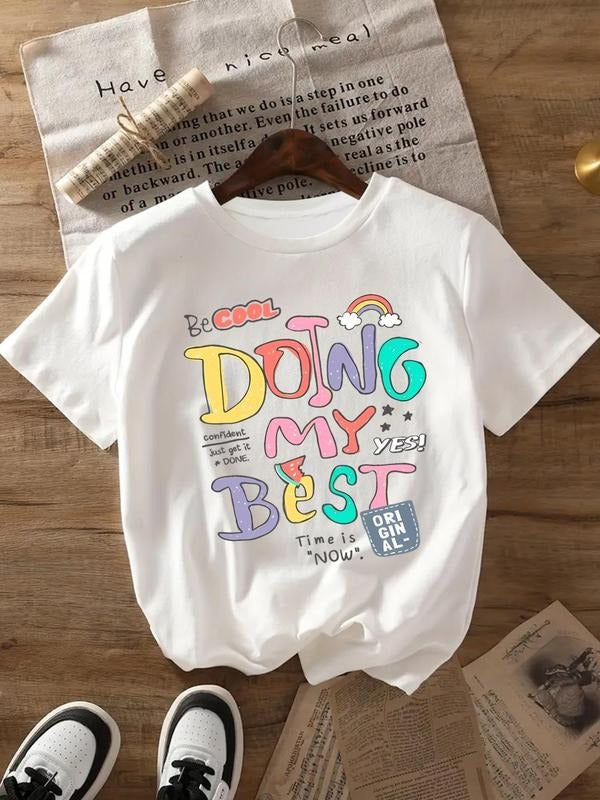 Women's Cartoon & Letter Print Round Neck Tee, Fashion Casual Crew Neck T-shirt for Daily Holiday Vacation Outdoor Wear, Women's Tops for Spring & Fall