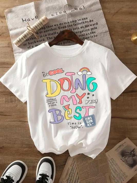 Women's Cartoon & Letter Print Round Neck Tee, Fashion Casual Crew Neck T-shirt for Daily Holiday Vacation Outdoor Wear, Women's Tops for Spring & Fall
