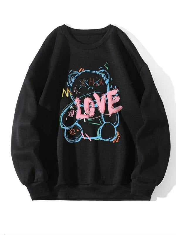 Women's Cartoon Bear & Letter Print Drop Shoulder Sweatshirt, Casual Long-Sleeve Crew Neck Pullover For Spring & Fall,...