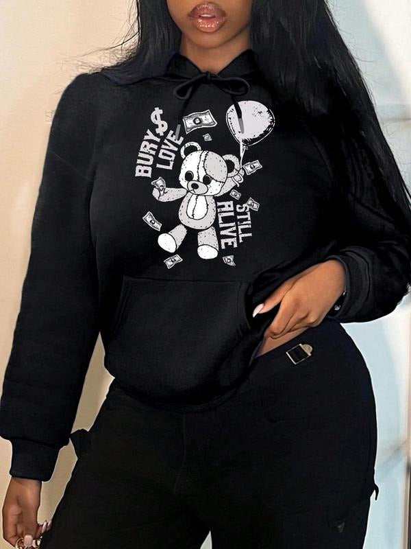 Women's Cartoon Bear Print Drop Shoulder Hoodie, Fashion Casual Drawstring Pocket Hooded Sweatshirt for Daily Holiday...