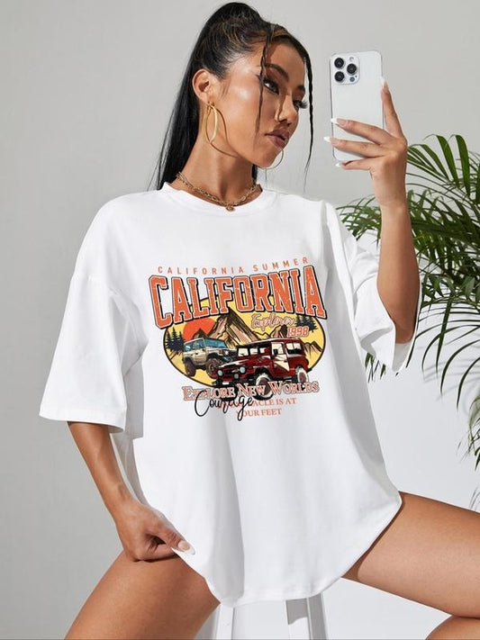 Women's Cartoon Car Graphic Print Round Neck Tee, Fashion Casual Drop Shoulder Short Sleeve T-shirt for Daily Wear, Ladies Summer Clothes