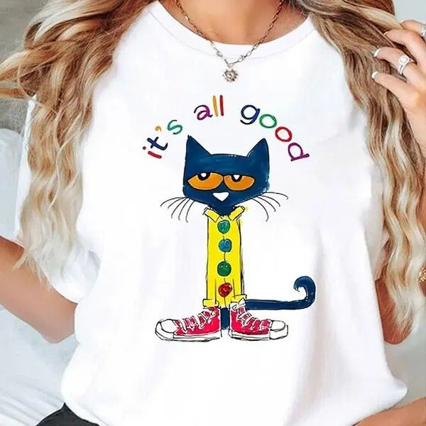 Women's Cartoon Cat & Letter Print Round Neck Tee, Fashion Casual Crew Neck T-Shirt for Daily Holiday Vacation Outdoor...