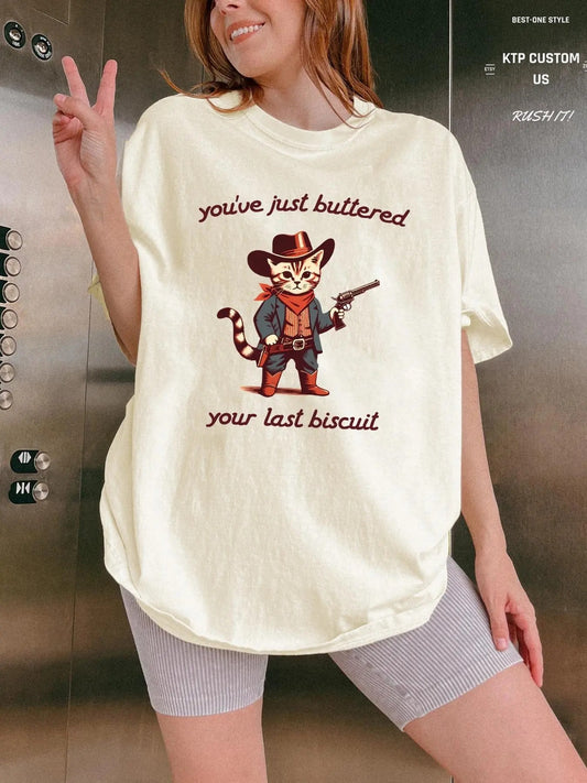 Women's Cartoon Cat Round Neck Graphic Tee, Fashion Casual Crew Neck T-shirt for Daily Holiday Vacation Outdoor Wear, Ladies Clothes for Summer