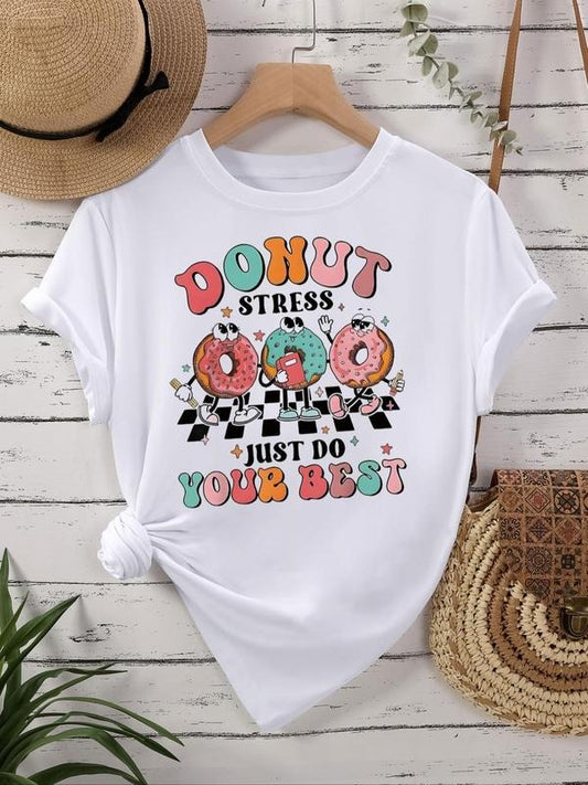 Women's Cartoon Donut Print Vintage Graphic Tee, Casual Trendy Short Sleeve T-shirt For Daily Wear, Ladies All Seasons Outfit