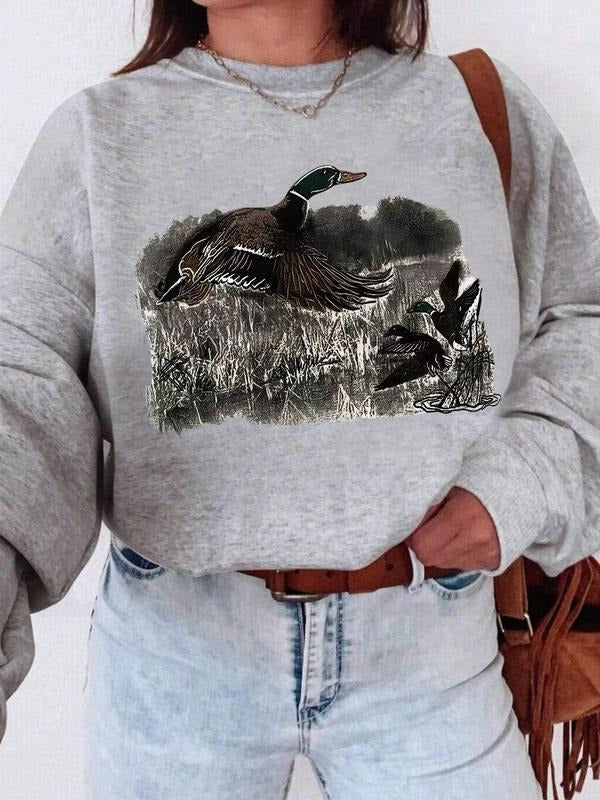 Women's Cartoon Duck Print Drop Shoulder Sweatshirt, Casual Long Sleeve Round Neck Pullover for Fall & Winter, Women's...