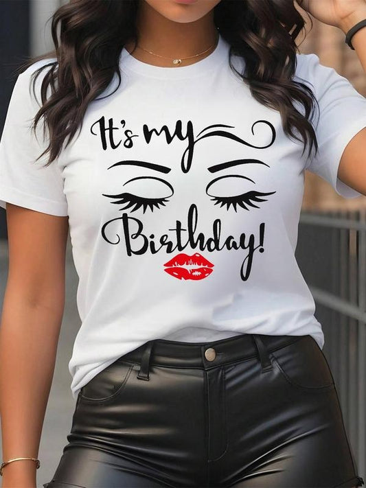 Women's Cartoon Eyes & Letter Print Round Neck Graphic Tee, Vintage Trendy Casual Short Sleeve T-shirt for Daily Wear, Ladies Summer Outfit