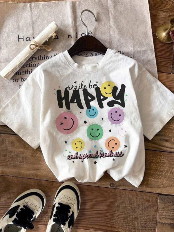 Women's Cartoon Face & Letter Print Round Neck Tee, Fashion Casual Short Sleeve T-shirt, Ladies Summer Clothes for Daily...