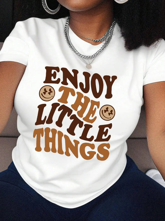 Women's Cartoon Face & Letter Print Round Neck Tee, Fashion Trendy Short Sleeve T-Shirt for Daily Holiday Vacation Outdoor Wear, Ladies Clothes for All Seasons