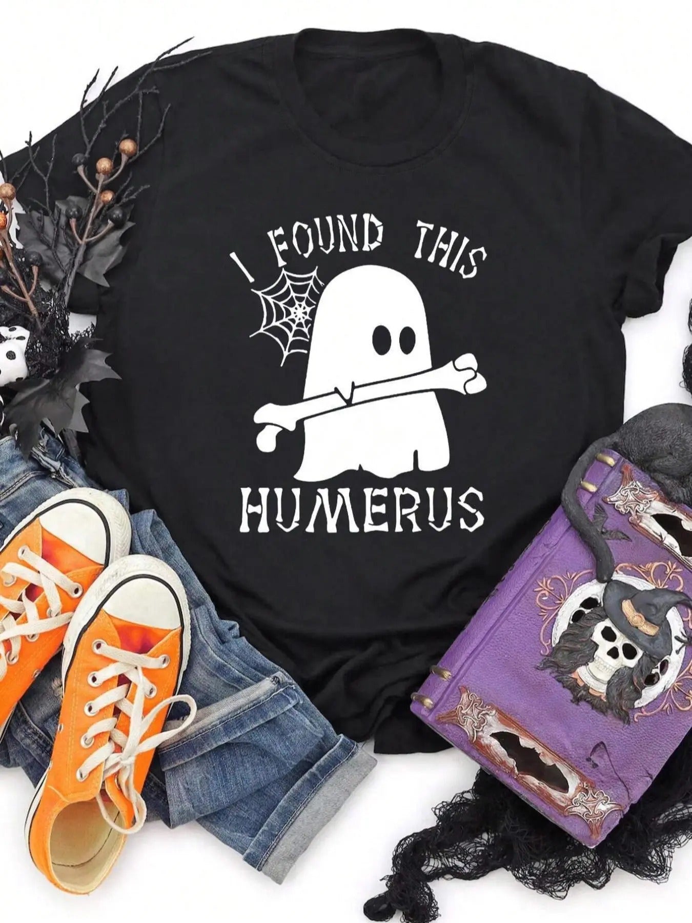 Women's Cartoon Ghost & Letter Print Round Neck Tee, Halloween Trendy Casual Short Sleeve T-shirt for Daily Wear, Ladies All Seasons Outfit