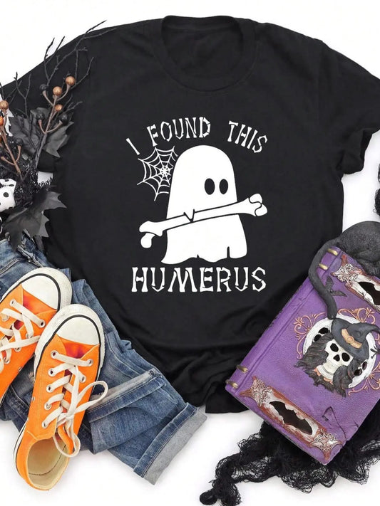 Women's Cartoon Ghost & Letter Print Round Neck Tee, Halloween Trendy Casual Short Sleeve T-shirt for Daily Wear, Ladies All Seasons Outfit