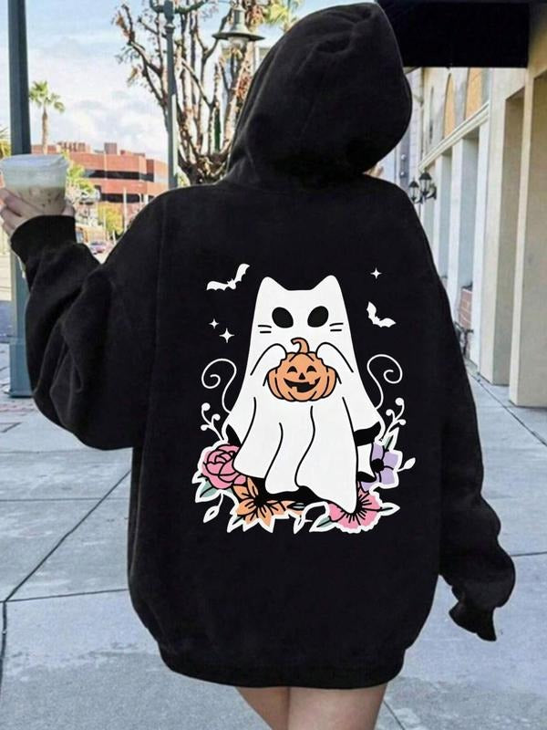 Women's Cartoon Ghost Print Hoodie, Casual Long Sleeve Hooded Pullover for Fall & Winter, Women's Clothes for Daily Wear...
