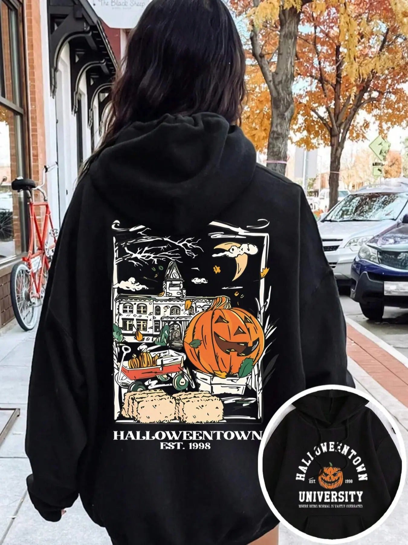 Women's Cartoon Graphic Print Drawstring Pocket Hoodie, Casual Halloween Drop Shoulder Long Sleeve Hooded Sweatshirt, Lady Fall & Winter Clothes for Daily Wear