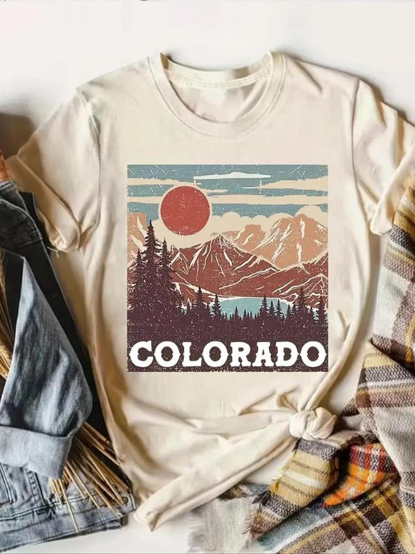 Women's Cartoon Landscape Graphic Print Round Neck Tee, Fashion Casual Short Sleeve T-shirt for Daily Wear, Ladies Summer Clothes