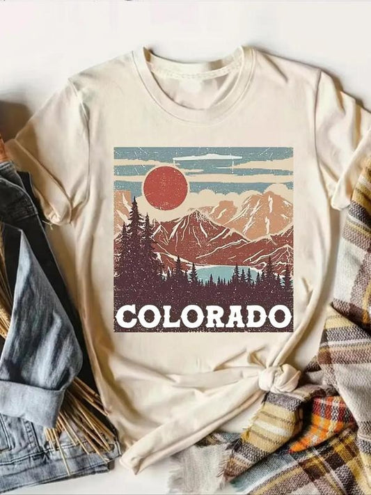 Women's Cartoon Landscape Graphic Print Round Neck Tee, Fashion Casual Short Sleeve T-shirt for Daily Wear, Ladies Summer Clothes