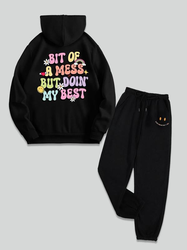 Women's Cartoon Letter Print Thermal Lined Sweatshirt & Drawstring Waist Sweatpants Two-piece Set, Casual Fashion Drop...