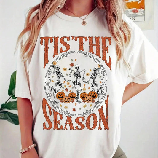 Women's Cartoon Skeleton & Pumpkin Graphic Print Round Neck Tee, Halloween Fashion Casual Short Sleeve T-shirt, Ladies Summer Clothes for Daily Wear