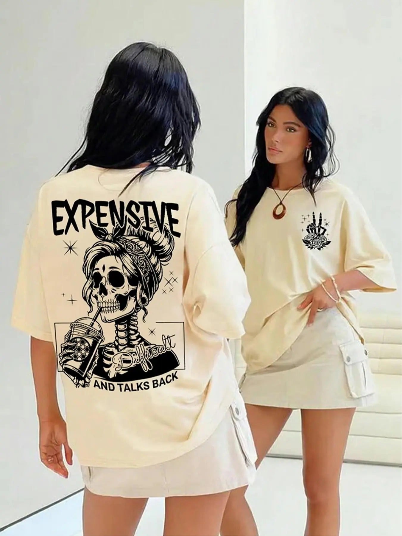 Women's Cartoon Skull & Letter Print Round Neck Tee, Halloween Fashion Casual Drop Shoulder Short Sleeve T-shirt, Ladies...