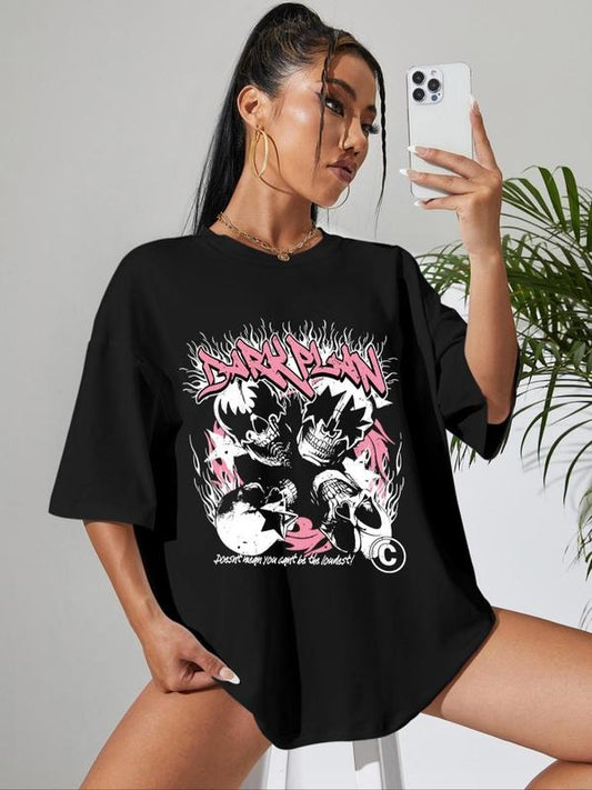 Women's Cartoon Skull Graphic Round Neck Tee, Casual Letter Print Drop Shoulder Half Sleeve T-Shirt for Daily Wear, Ladies Clothes for All Seasons
