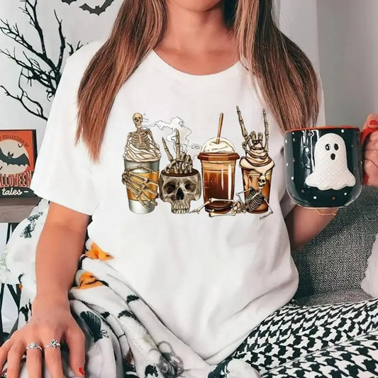 Women's Cartoon Skull Milk Tea Print Round Neck Tee, Fashion Casual Short Sleeve T Shirt For Daily Wear, Unisex Short Sleeve Tee Womenswear Cotton
