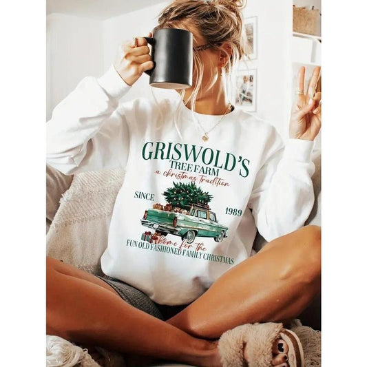 Women's Casual Crew Neck Sweatshirt with Vintage Car & Letter Print, 100% Polyester Knit Fabric, Casual Style, Long Sleeve Pullover for FallWinter