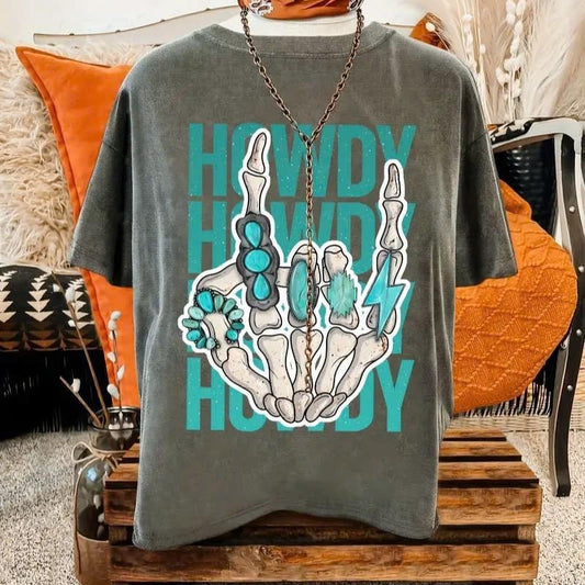 Women's Casual Graphic Print T-Shirt - Short Sleeve Crew Neck, Howdy Skeleton Hand Design with Teal & Turquoise Accents, Summer & Spring Essential, Machine Washable Cotton Fabric